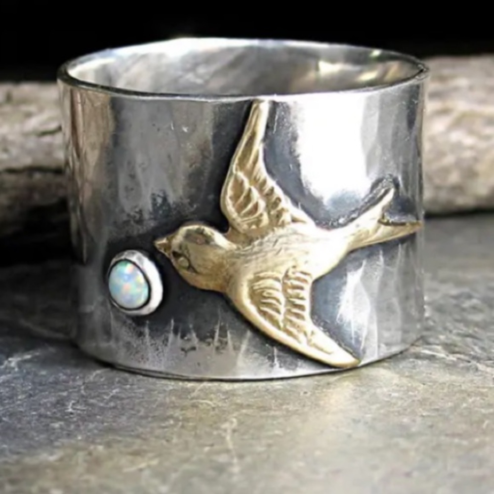 Hummingbird Silver and Gold Bird Ring with Opal Accent